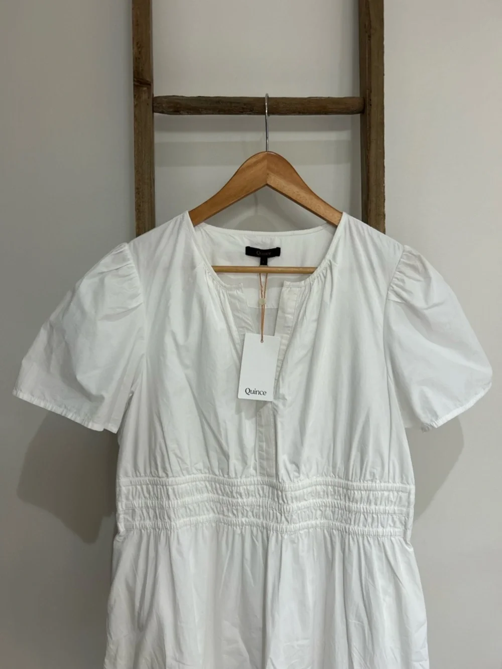 Quince Organic Cotton Poplin Smocked Tiered Maxi Dress White L NWT Boho Chic - Picture 4 of 13